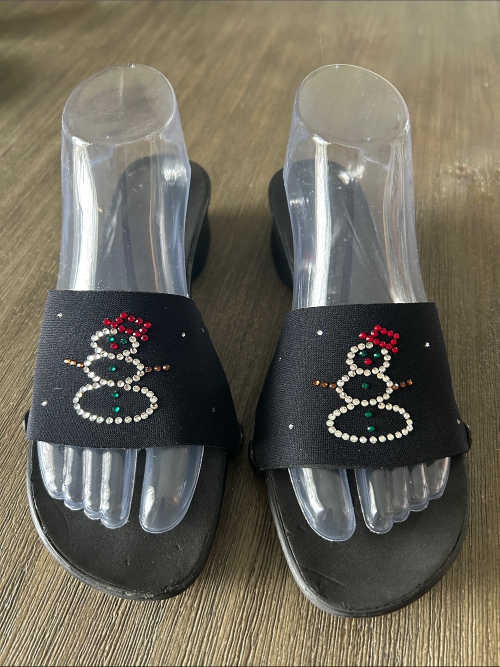 One sole Black Women's Slide Sandals with Rhinestone Snowman Accent. size 9.